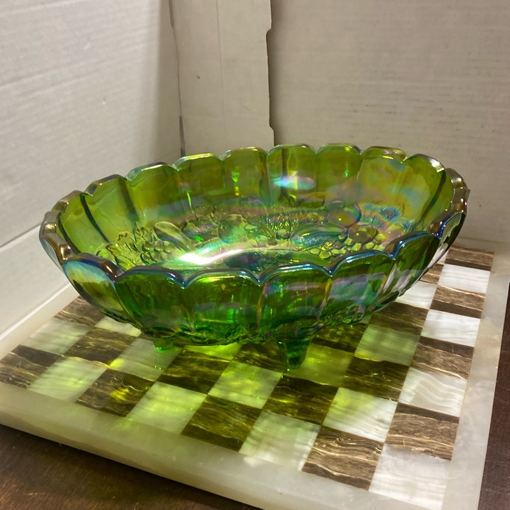 Vintage 1970s Indiana Harvest Iridescent Green Carnival Glass Oval Center Bowl